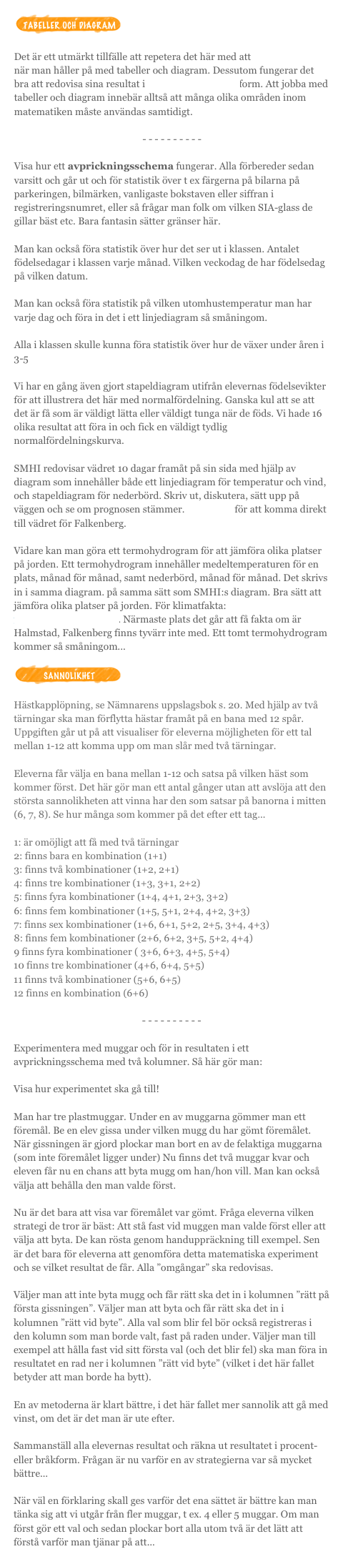 ￼

Det är ett utmärkt tillfälle att repetera det här med att mäta och väga när man håller på med tabeller och diagram. Dessutom fungerar det bra att redovisa sina resultat i bråk- och procentform. Att jobba med tabeller och diagram innebär alltså att många olika områden inom matematiken måste användas samtidigt.

- - - - - - - - - - 

Visa hur ett avprickningsschema fungerar. Alla förbereder sedan varsitt och går ut och för statistik över t ex färgerna på bilarna på parkeringen, bilmärken, vanligaste bokstaven eller siffran i registreringsnumret, eller så frågar man folk om vilken SIA-glass de gillar bäst etc. Bara fantasin sätter gränser här.

Man kan också föra statistik över hur det ser ut i klassen. Antalet födelsedagar i klassen varje månad. Vilken veckodag de har födelsedag på vilken datum. 

Man kan också föra statistik på vilken utomhustemperatur man har varje dag och föra in det i ett linjediagram så småningom.

Alla i klassen skulle kunna föra statistik över hur de växer under åren i 3-5

Vi har en gång även gjort stapeldiagram utifrån elevernas födelsevikter för att illustrera det här med normalfördelning. Ganska kul att se att det är få som är väldigt lätta eller väldigt tunga när de föds. Vi hade 16 olika resultat att föra in och fick en väldigt tydlig normalfördelningskurva.

SMHI redovisar vädret 10 dagar framåt på sin sida med hjälp av diagram som innehåller både ett linjediagram för temperatur och vind, och stapeldiagram för nederbörd. Skriv ut, diskutera, sätt upp på väggen och se om prognosen stämmer. Klicka här för att komma direkt till vädret för Falkenberg.

Vidare kan man göra ett termohydrogram för att jämföra olika platser på jorden. Ett termohydrogram innehåller medeltemperaturen för en plats, månad för månad, samt nederbörd, månad för månad. Det skrivs in i samma diagram. på samma sätt som SMHI:s diagram. Bra sätt att jämföra olika platser på jorden. För klimatfakta: www.worldclimate.com. Närmaste plats det går att få fakta om är Halmstad, Falkenberg finns tyvärr inte med. Ett tomt termohydrogram kommer så småningom...

￼

Hästkapplöpning, se Nämnarens uppslagsbok s. 20. Med hjälp av två tärningar ska man förflytta hästar framåt på en bana med 12 spår. Uppgiften går ut på att visualiser för eleverna möjligheten för ett tal mellan 1-12 att komma upp om man slår med två tärningar.

Eleverna får välja en bana mellan 1-12 och satsa på vilken häst som kommer först. Det här gör man ett antal gånger utan att avslöja att den största sannolikheten att vinna har den som satsar på banorna i mitten (6, 7, 8). Se hur många som kommer på det efter ett tag...

1: är omöjligt att få med två tärningar
2: finns bara en kombination (1+1)
3: finns två kombinationer (1+2, 2+1)
4: finns tre kombinationer (1+3, 3+1, 2+2)
5: finns fyra kombinationer (1+4, 4+1, 2+3, 3+2)
6: finns fem kombinationer (1+5, 5+1, 2+4, 4+2, 3+3)
7: finns sex kombinationer (1+6, 6+1, 5+2, 2+5, 3+4, 4+3)
8: finns fem kombinationer (2+6, 6+2, 3+5, 5+2, 4+4)
9 finns fyra kombinationer ( 3+6, 6+3, 4+5, 5+4)
10 finns tre kombinationer (4+6, 6+4, 5+5)
11 finns två kombinationer (5+6, 6+5)
12 finns en kombination (6+6)

- - - - - - - - - -

Experimentera med muggar och för in resultaten i ett avprickningsschema med två kolumner. Så här gör man:

Visa hur experimentet ska gå till!

Man har tre plastmuggar. Under en av muggarna gömmer man ett föremål. Be en elev gissa under vilken mugg du har gömt föremålet. När gissningen är gjord plockar man bort en av de felaktiga muggarna (som inte föremålet ligger under) Nu finns det två muggar kvar och eleven får nu en chans att byta mugg om han/hon vill. Man kan också välja att behålla den man valde först.

Nu är det bara att visa var föremålet var gömt. Fråga eleverna vilken strategi de tror är bäst: Att stå fast vid muggen man valde först eller att välja att byta. De kan rösta genom handuppräckning till exempel. Sen är det bara för eleverna att genomföra detta matematiska experiment och se vilket resultat de får. Alla ”omgångar” ska redovisas.

Väljer man att inte byta mugg och får rätt ska det in i kolumnen ”rätt på första gissningen”. Väljer man att byta och får rätt ska det in i kolumnen ”rätt vid byte”. Alla val som blir fel bör också registreras i den kolumn som man borde valt, fast på raden under. Väljer man till exempel att hålla fast vid sitt första val (och det blir fel) ska man föra in resultatet en rad ner i kolumnen ”rätt vid byte” (vilket i det här fallet betyder att man borde ha bytt).

En av metoderna är klart bättre, i det här fallet mer sannolik att gå med vinst, om det är det man är ute efter.

Sammanställ alla elevernas resultat och räkna ut resultatet i procent- eller bråkform. Frågan är nu varför en av strategierna var så mycket bättre...

När väl en förklaring skall ges varför det ena sättet är bättre kan man tänka sig att vi utgår från fler muggar, t ex. 4 eller 5 muggar. Om man först gör ett val och sedan plockar bort alla utom två är det lätt att förstå varför man tjänar på att...