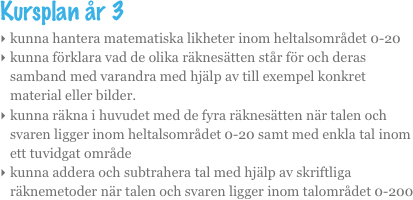 Kursplan år 3
kunna hantera matematiska likheter inom heltalsområdet 0-20
kunna förklara vad de olika räknesätten står för och deras samband med varandra med hjälp av till exempel konkret material eller bilder.
kunna räkna i huvudet med de fyra räknesätten när talen och svaren ligger inom heltalsområdet 0-20 samt med enkla tal inom ett tuvidgat område
kunna addera och subtrahera tal med hjälp av skriftliga räknemetoder när talen och svaren ligger inom talområdet 0-200